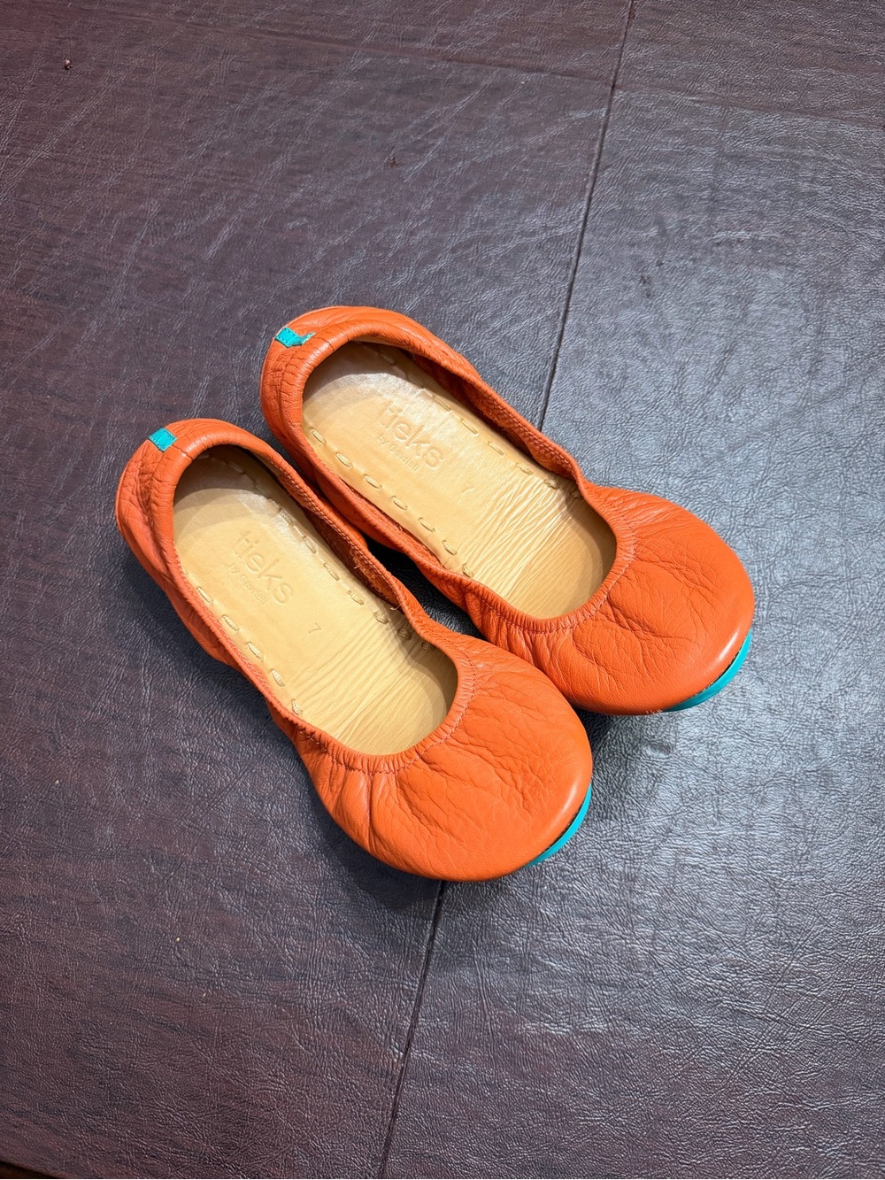 Tieks Orange Leather Ballet Flats with Teal Accent